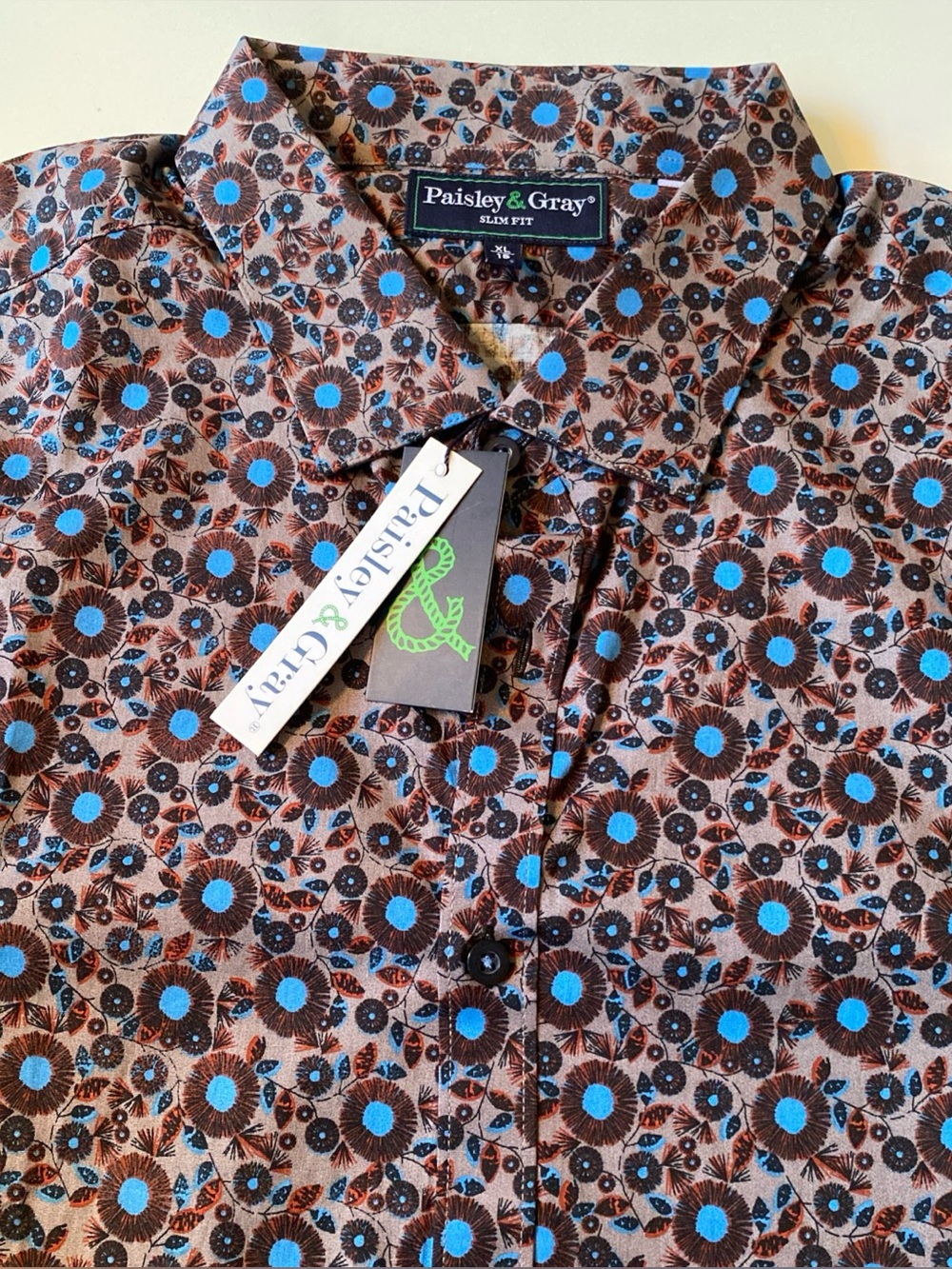 Paisley & Gray Slim Fit Blue Brown Floral Print Button-Up Shirt XL cotton NWT